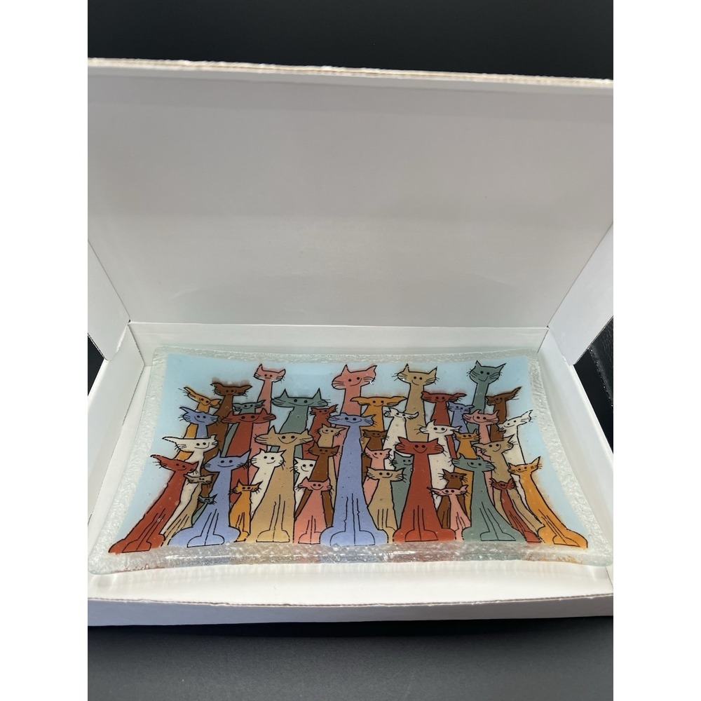 Peggy Karr Signed 10" Glass Rectangular Colorful Cats Tray Dish NIB